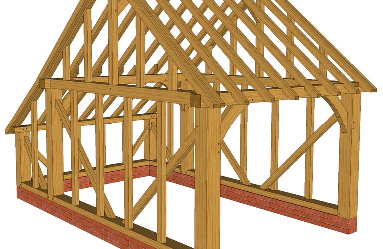 Three-dimensional wooden frame of a small building under construction, with roof trusses, diagonal bracing, and a brick foundation.